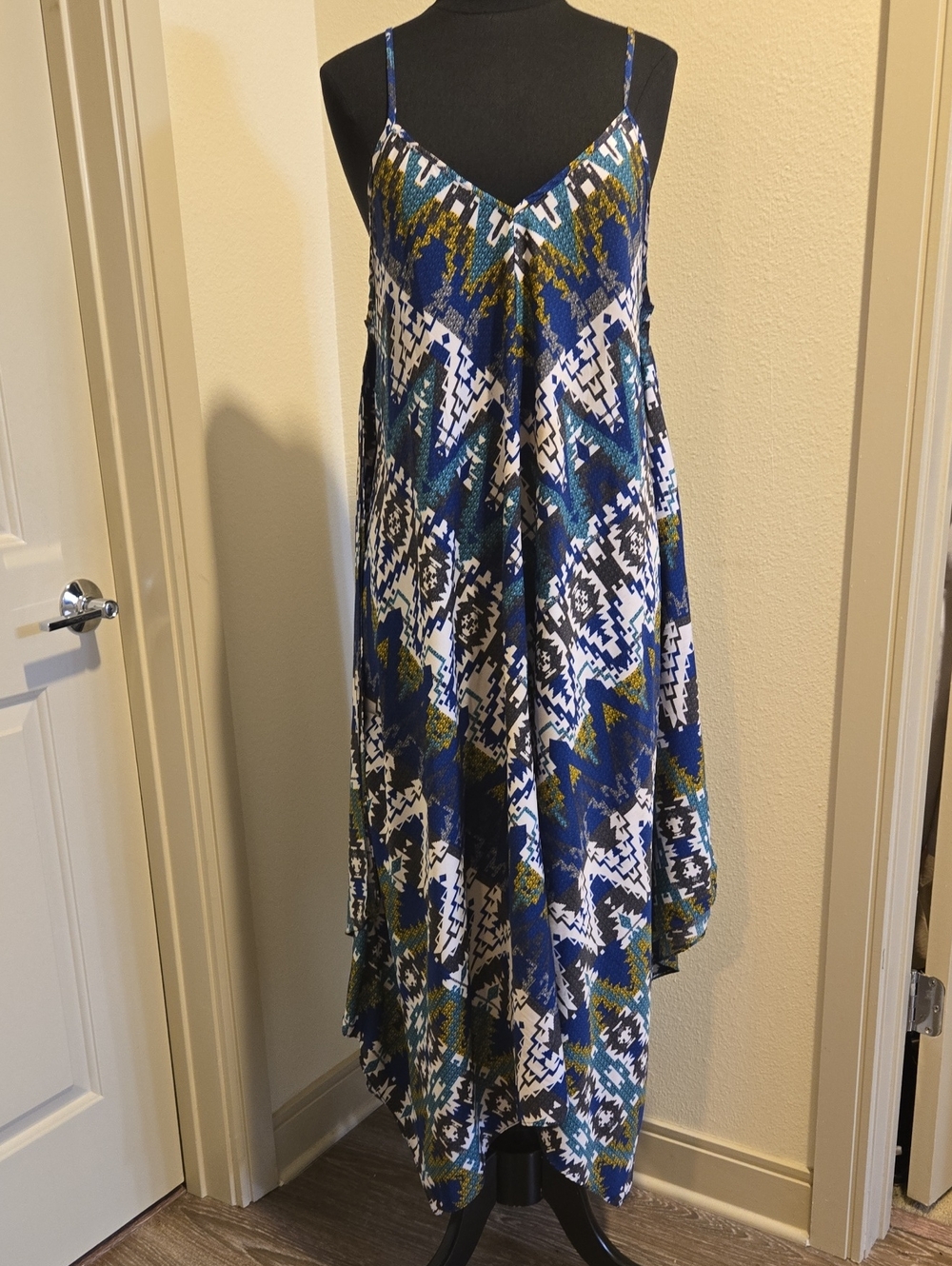 Asymmetrical Spaghetti-Strap Maxi Dress in Blue Geo Print 3x